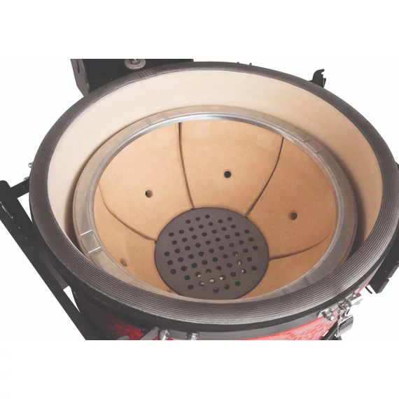 Kamado Joe Big Joe nyitott fedéllel, grillezőfelülettel és sütési tartozékokkal